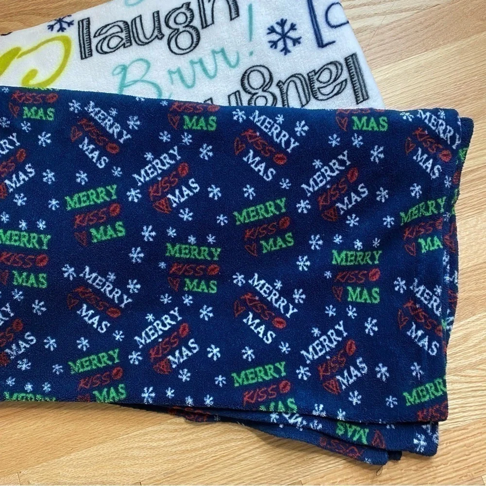 Winter Christmas Fleece Blanket Bundle Merry Christmas Blue White Brr Laugh